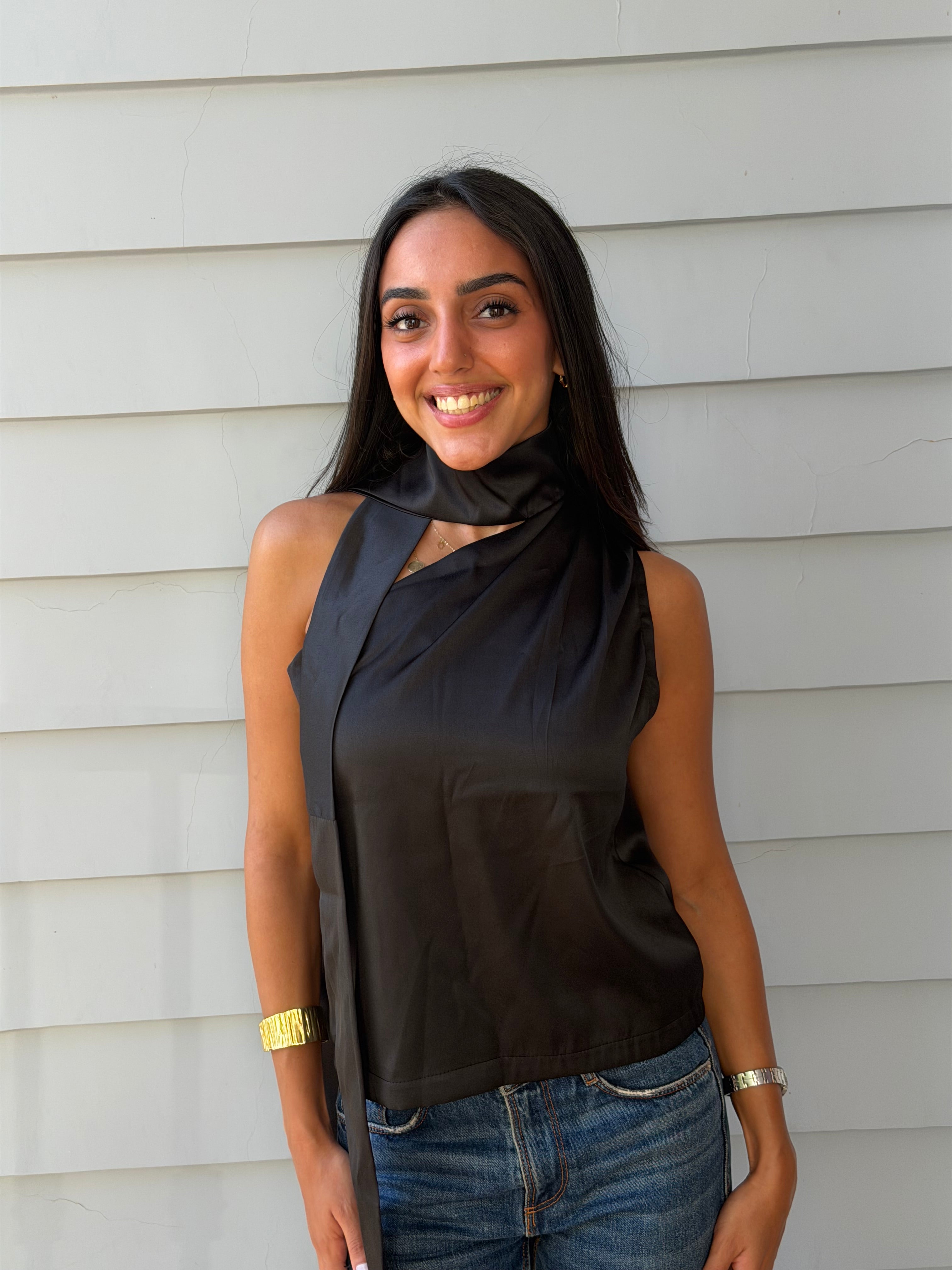 Satin Asymmetric Scarf Detail Top