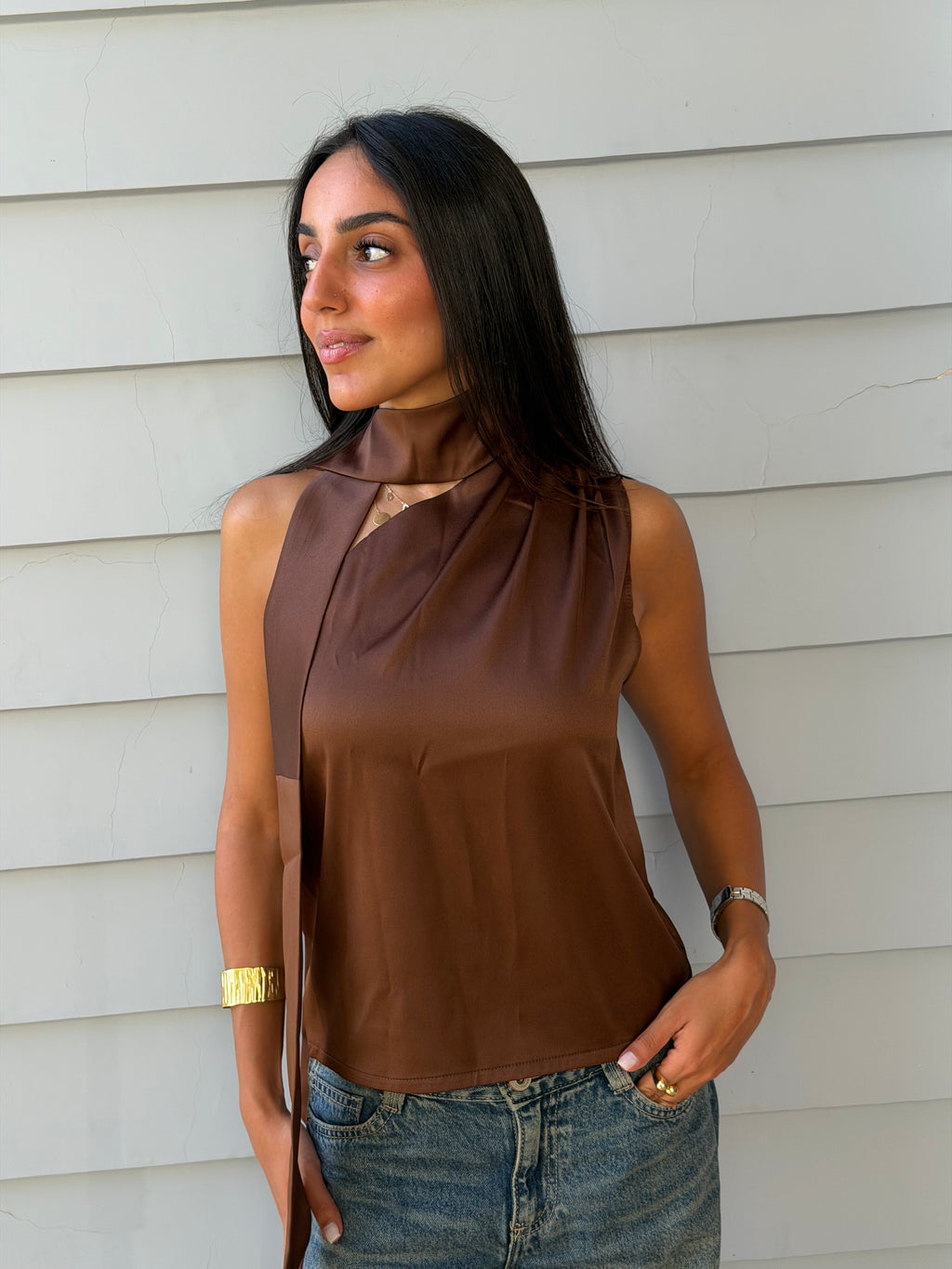 Satin Asymmetric Scarf Detail Top