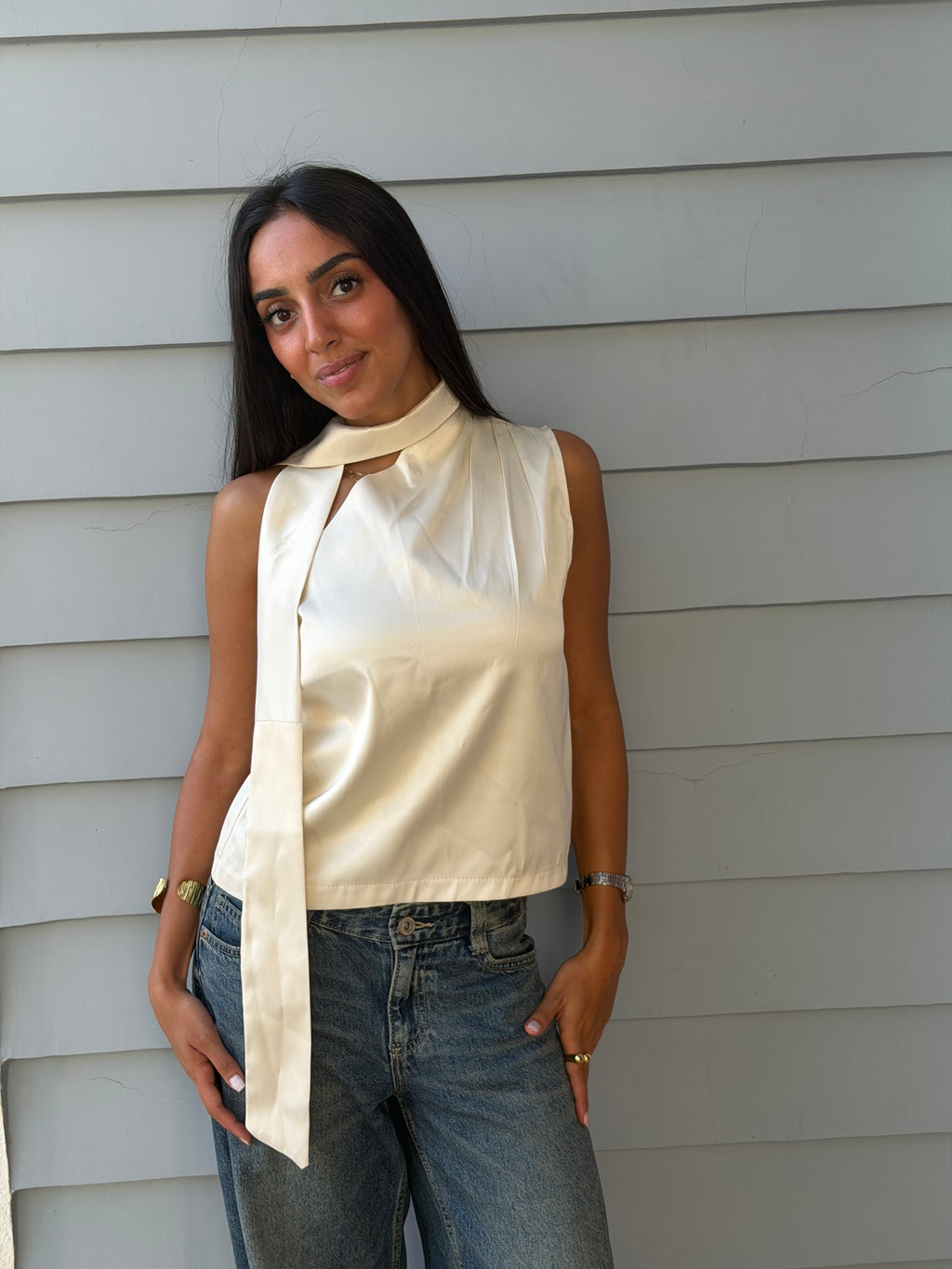 Satin Asymmetric Scarf Detail Top