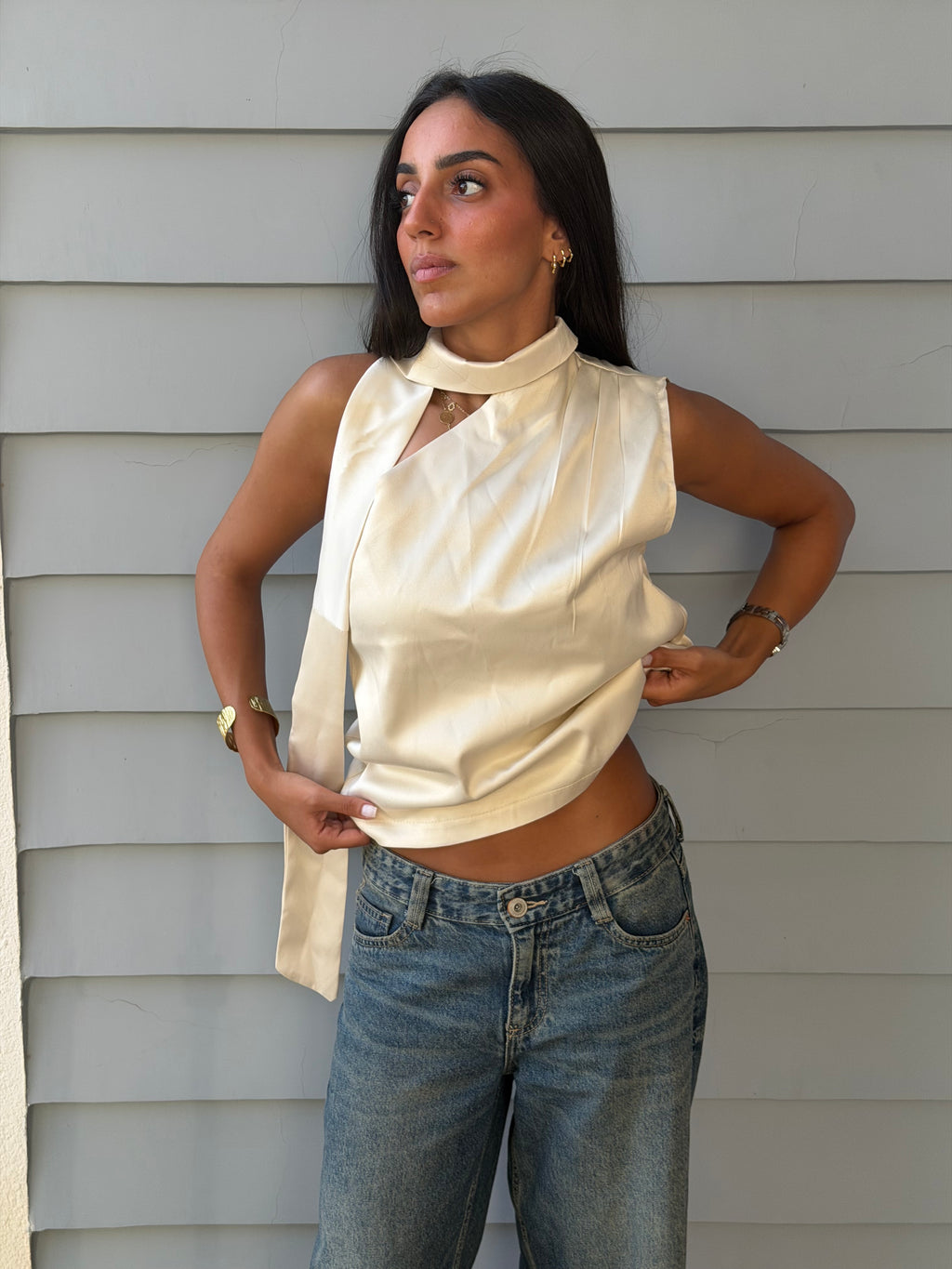 Satin Asymmetric Scarf Detail Top