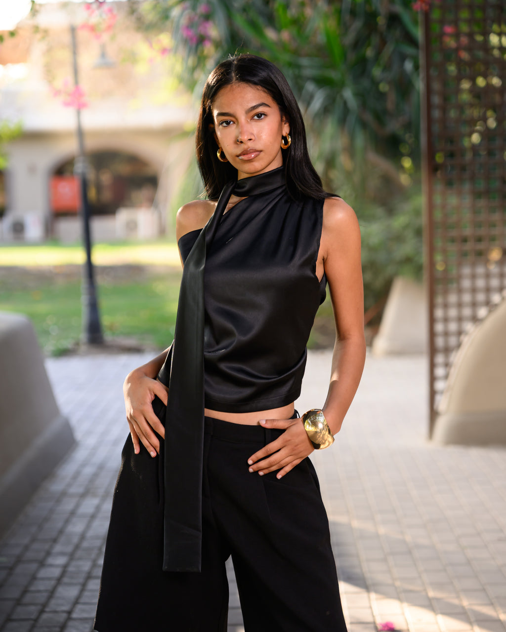 Satin Asymmetric Scarf Detail Top