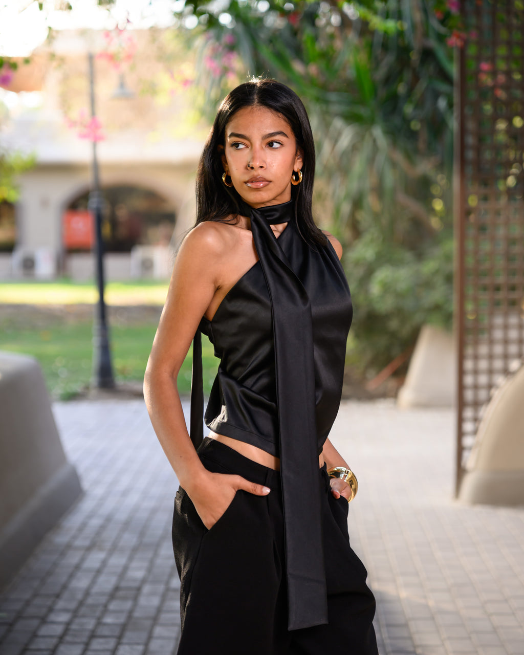 Satin Asymmetric Scarf Detail Top