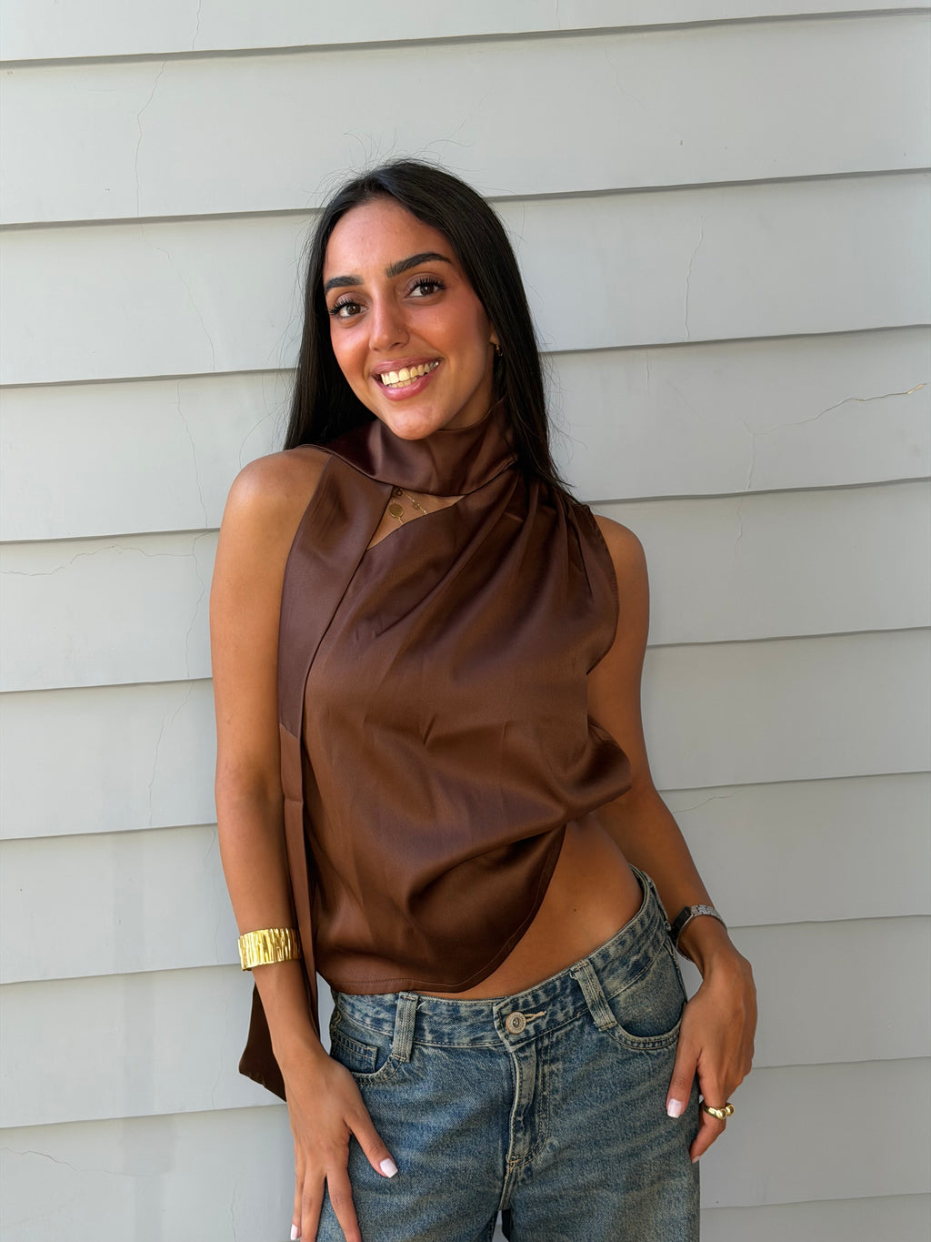 Satin Asymmetric Scarf Detail Top
