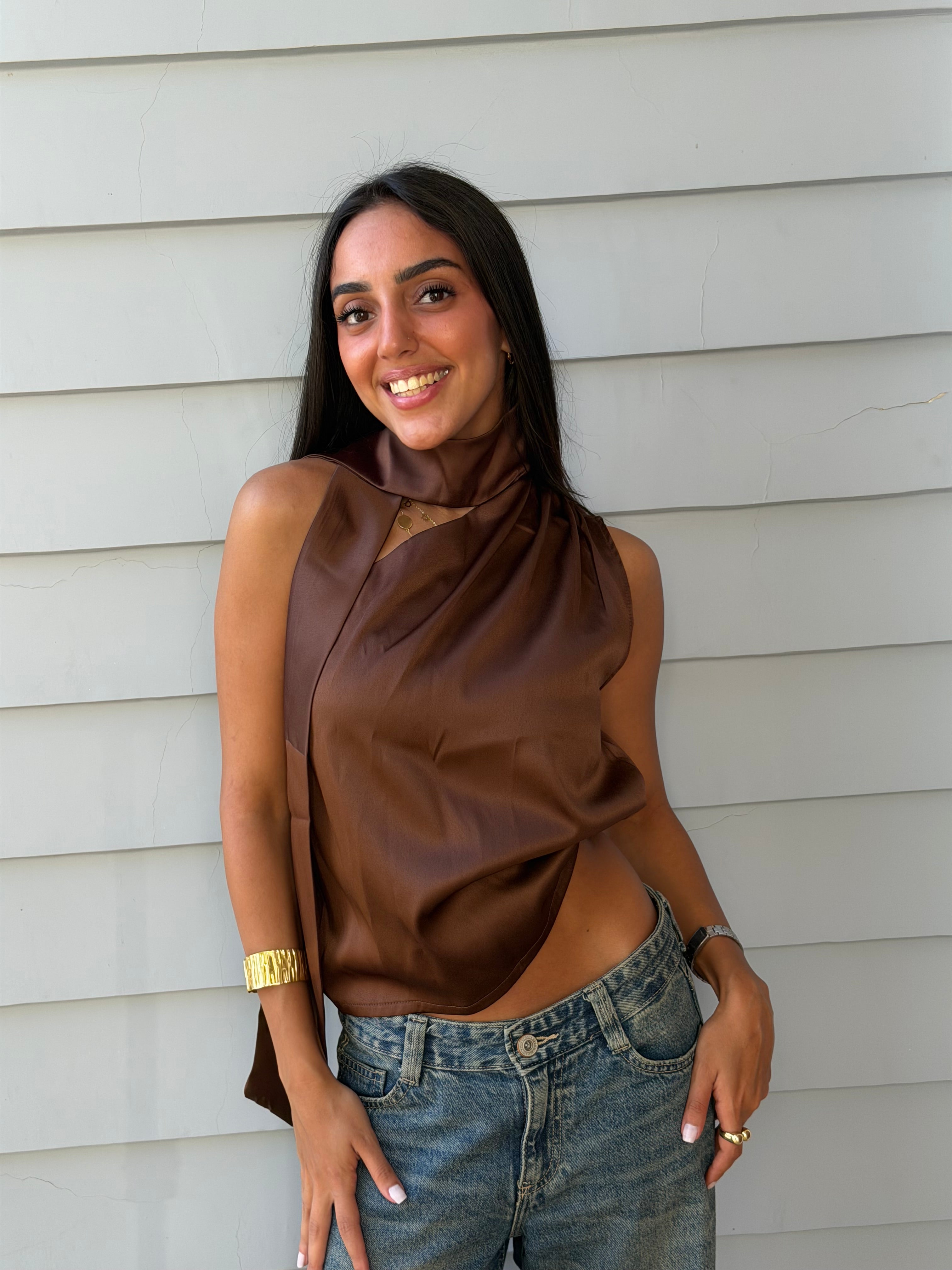 Satin Asymmetric Scarf Detail Top