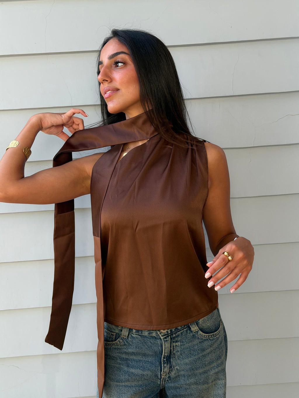 Satin Asymmetric Scarf Detail Top