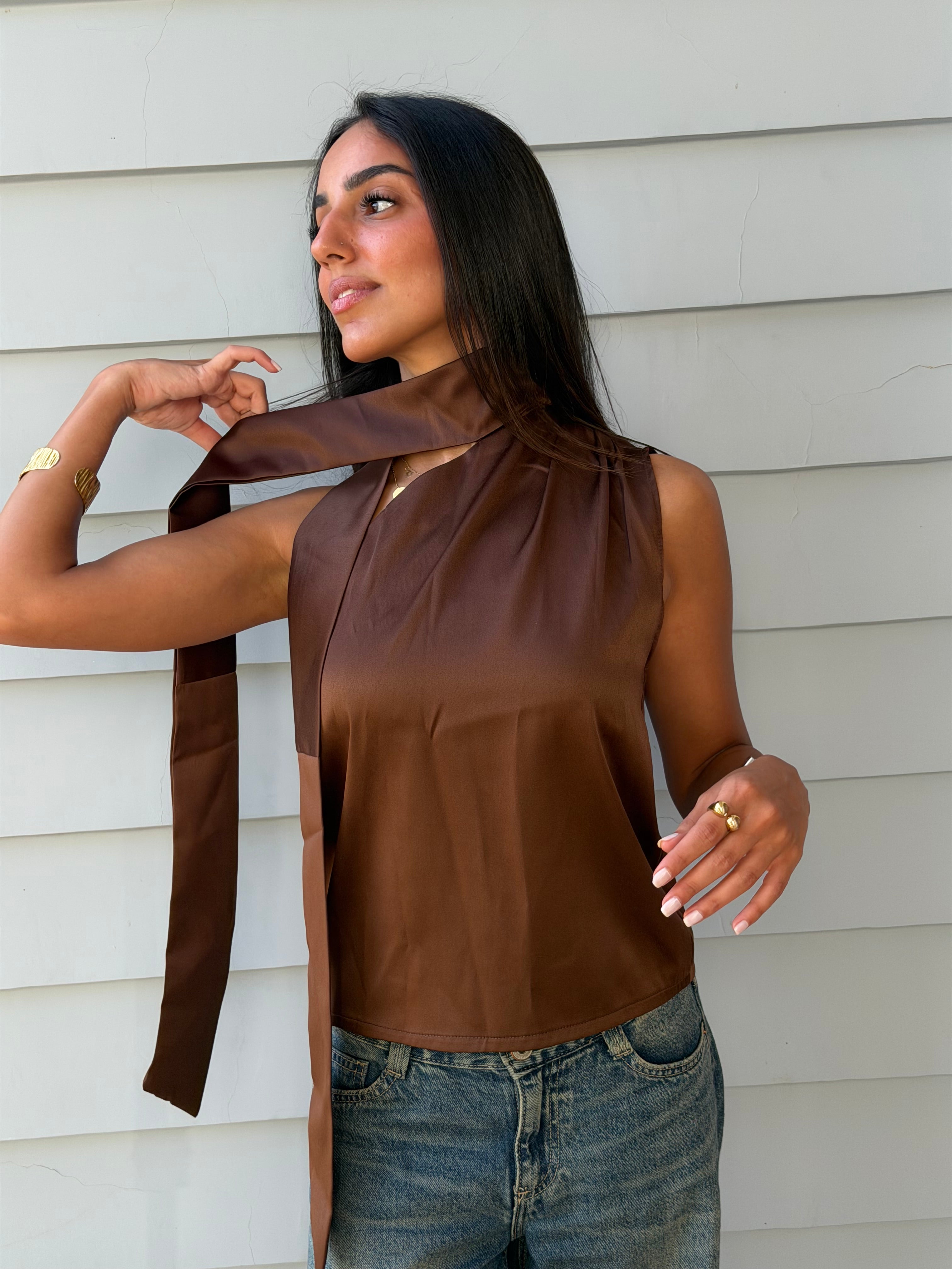 Satin Asymmetric Scarf Detail Top