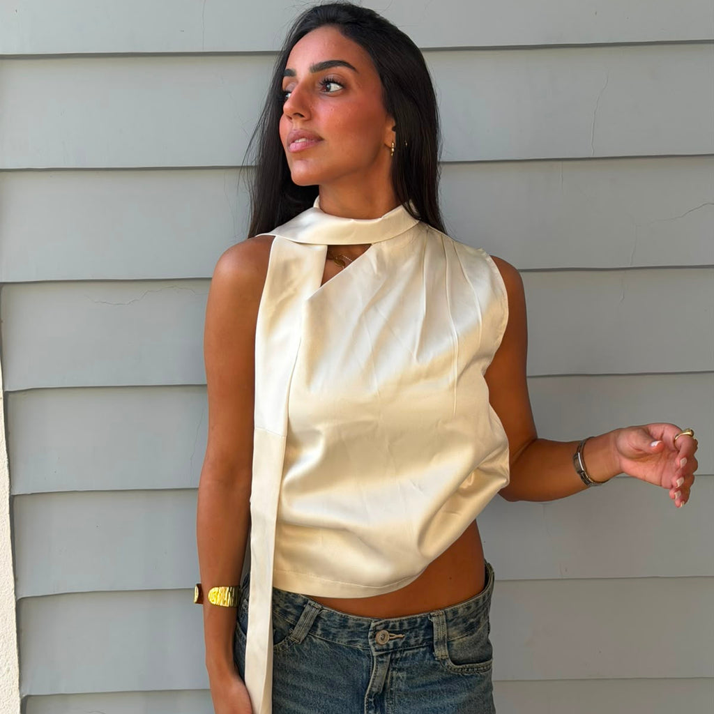 Satin Asymmetric Scarf Detail Top